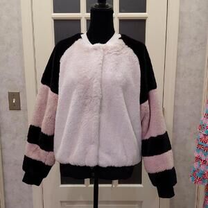 "Angel Kiss" Sz.L, Black,Pink and White Teddy/Bomber/Varsity Jacket. Dry clean..